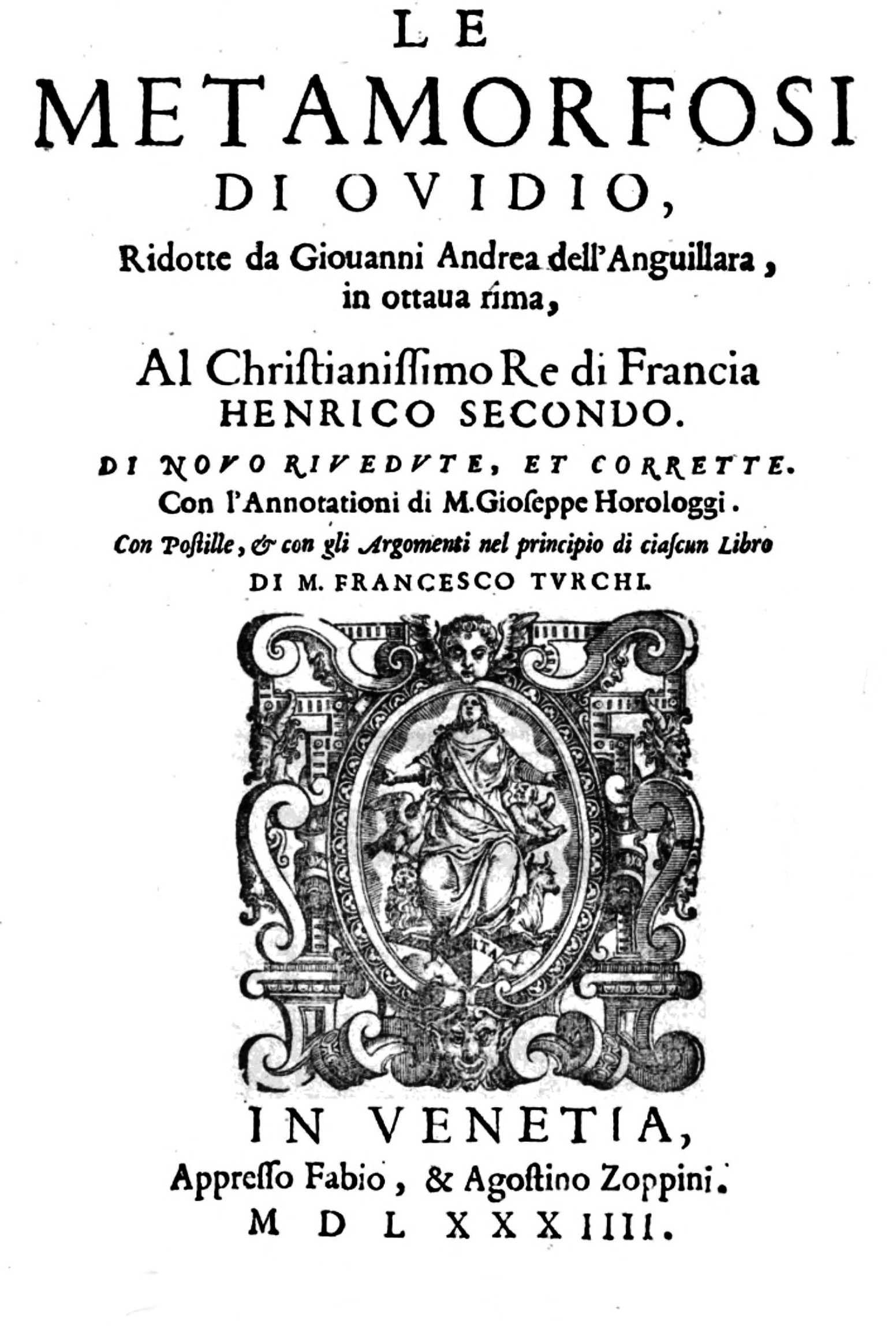 Frontespizio:Ovidio, Metamorfosi, Venezia, Zoppino, 1584 – Allegorie nei  frontespizi